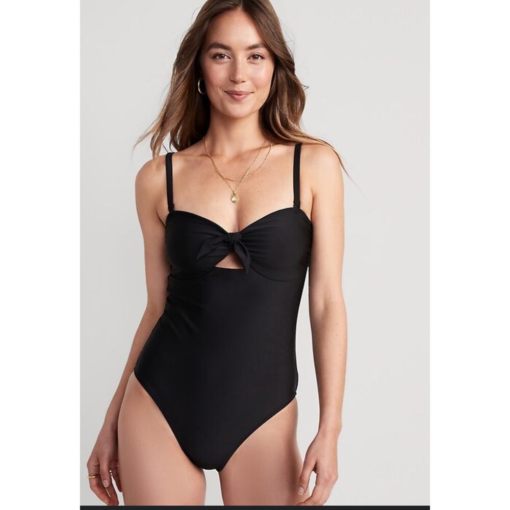 Old Navy Tie-Front Keyhole Bandeau-Style One-Piece Swimsuit Black Women's Sz L
